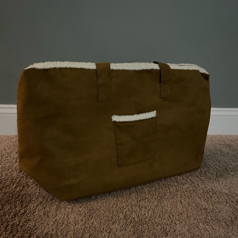 Faux suede weekender bag. Tan suede. 20 long X 14 tall X 8.5 wide.